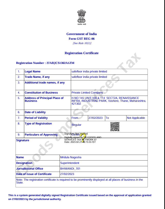 SafeFloor GST Registration Certificate - GSTIN 27ABJCS1362A1ZM